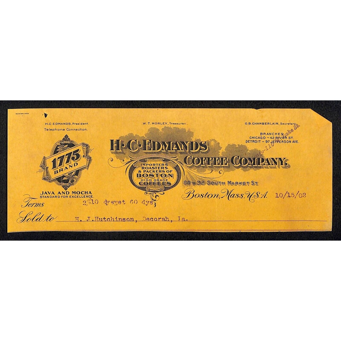 H.C. Edmands Coffee Co. Boston HJ Hutchinson Decorah, IA* Cut 1902 Billhead