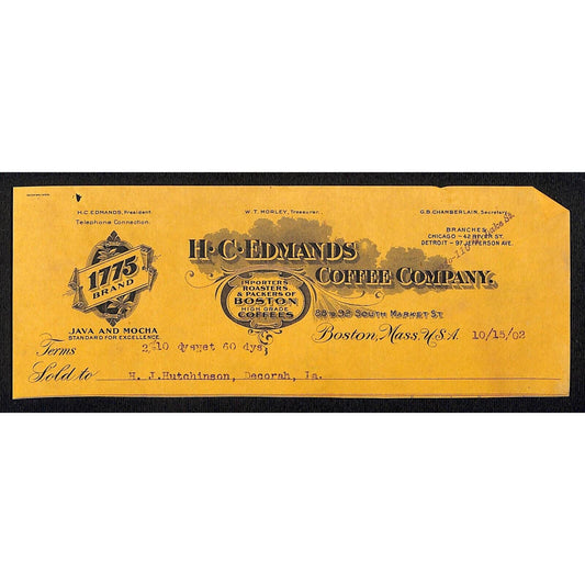 H.C. Edmands Coffee Co. Boston HJ Hutchinson Decorah, IA* Cut 1902 Billhead