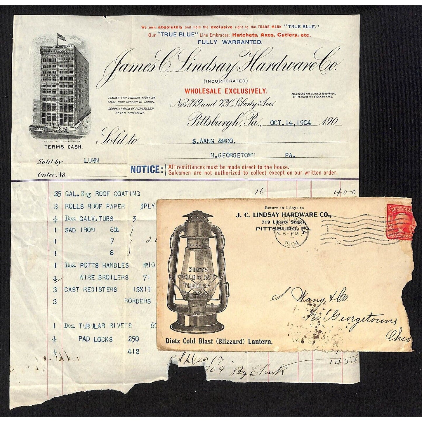 J.C. Lindsay Hardware Dietz Lantern / Samuel Wang Co* 1904 Billhead & Cover