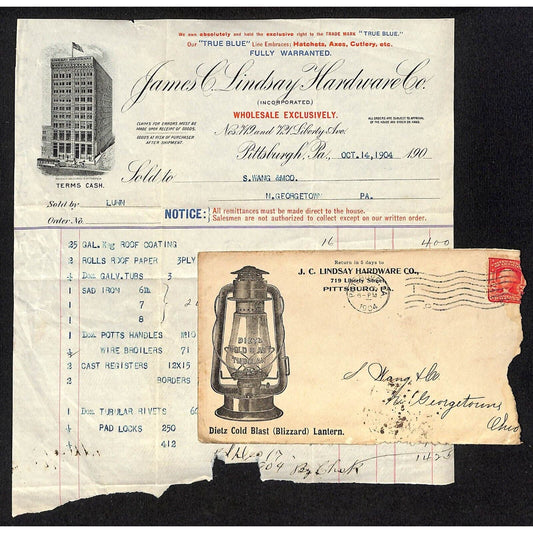 J.C. Lindsay Hardware Dietz Lantern / Samuel Wang Co* 1904 Billhead & Cover