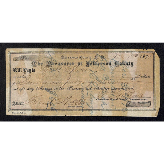 1870 Treasurer of Jefferson County Montana Territory Draft "Judge for Election"