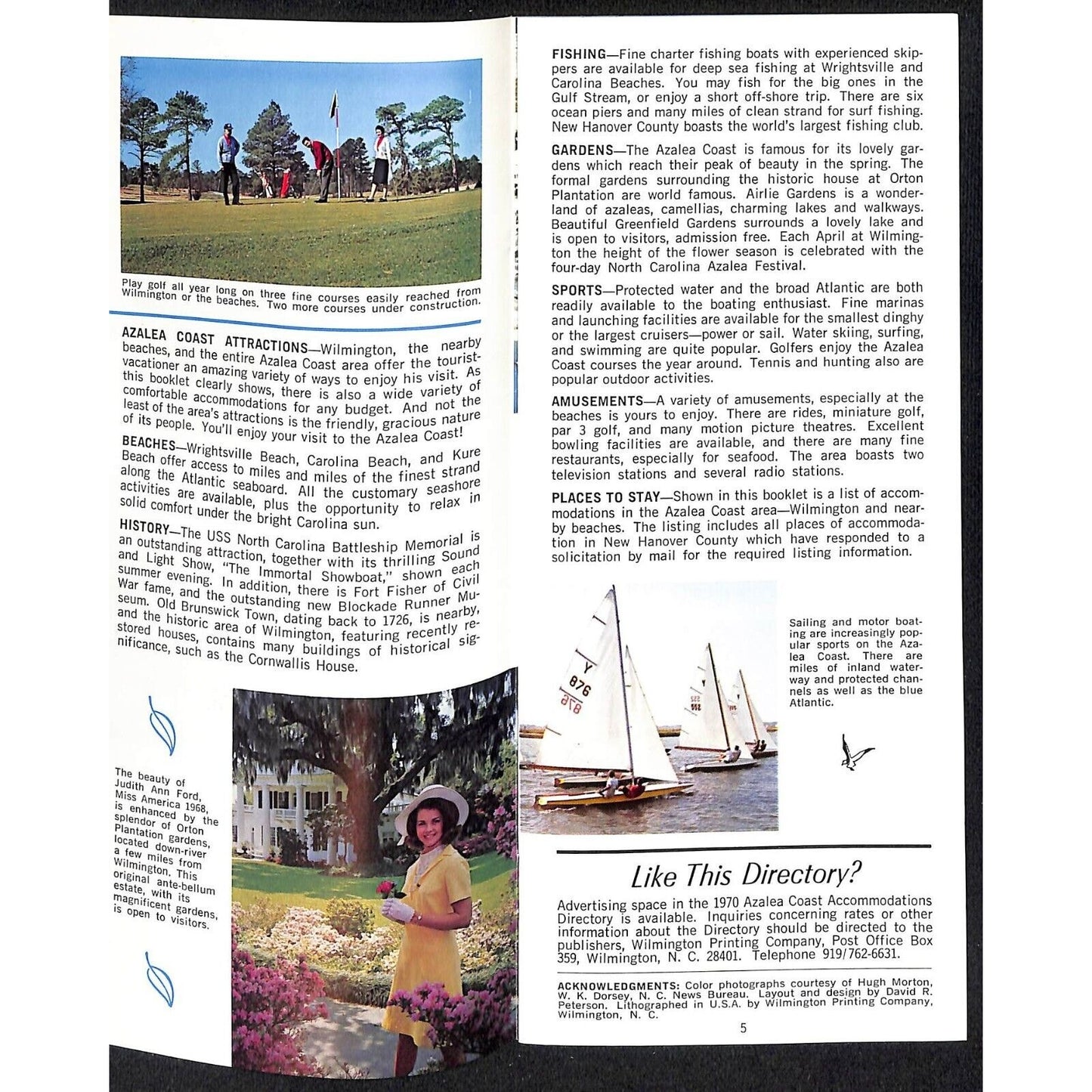 1969 North Carolina's Azalea Coast Accommodation Directory Brochure 31pp VGC