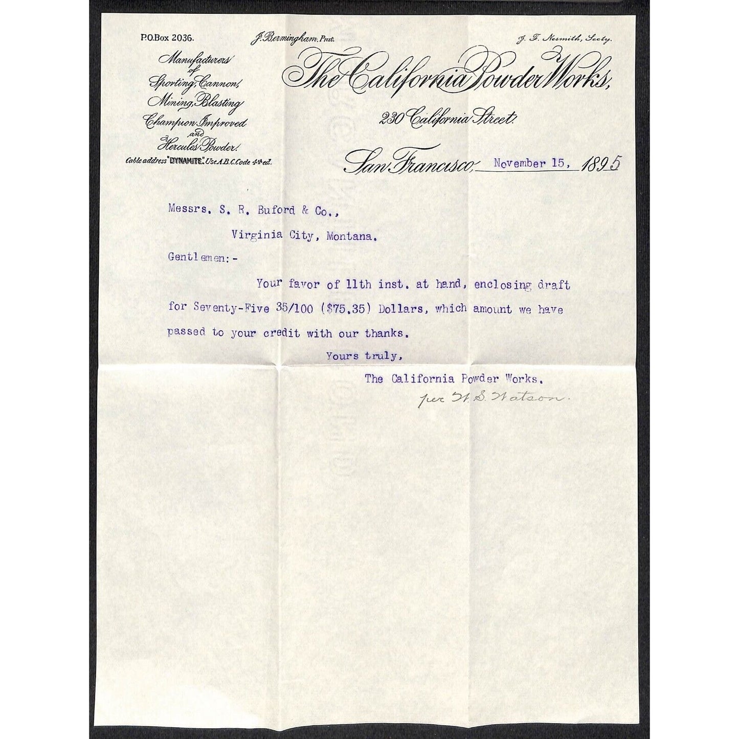 California Powder Works Hercules Dynamite 11/15 1895 Letterhead S.R. Buford*