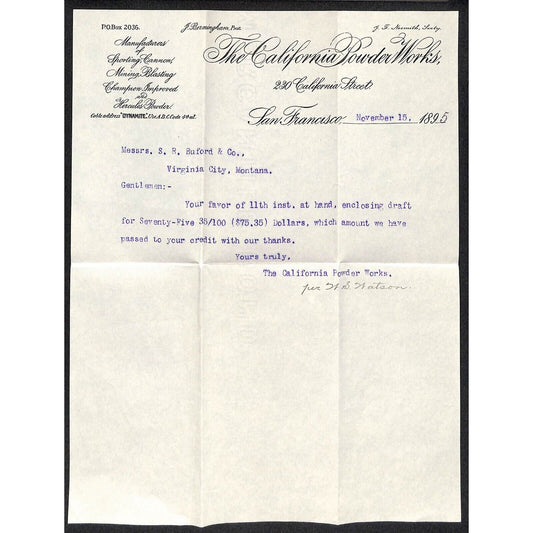 California Powder Works Hercules Dynamite 11/15 1895 Letterhead S.R. Buford*