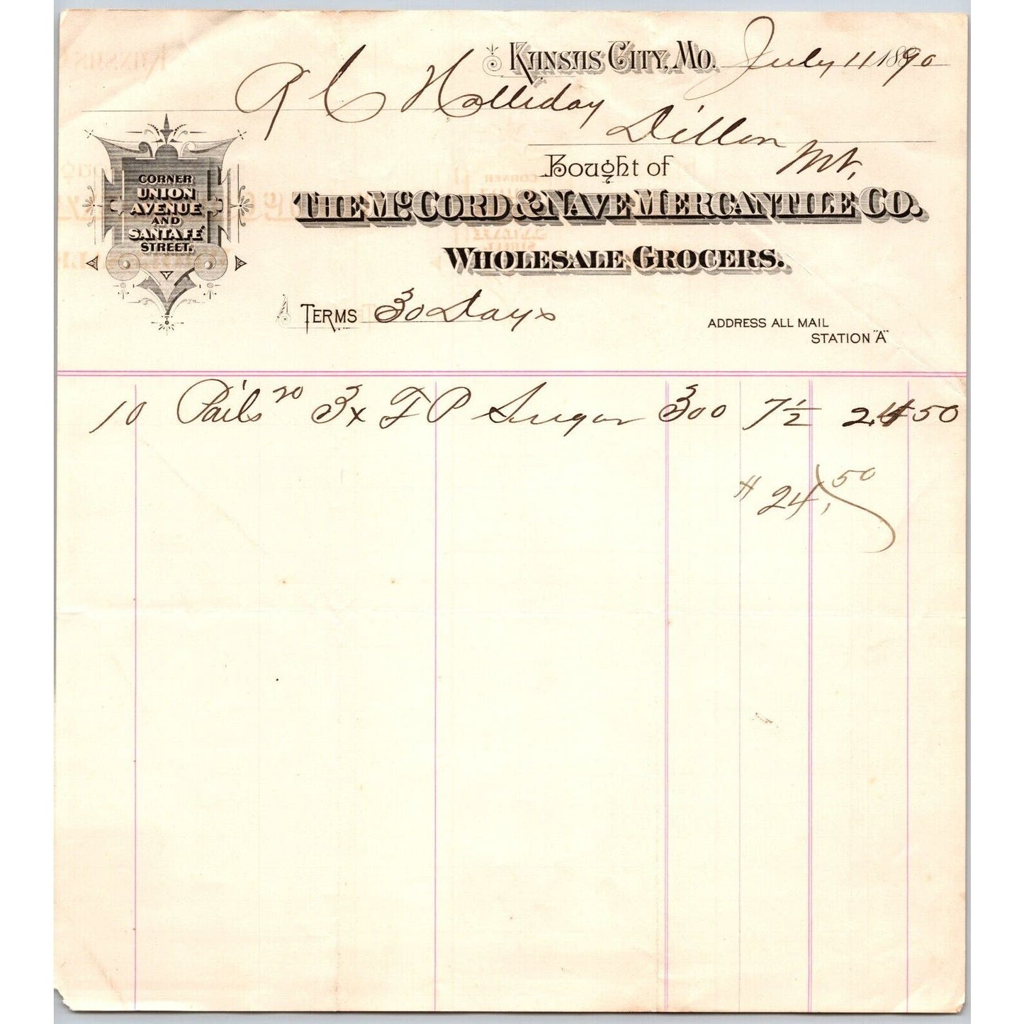 Kansas City McCord & Nave Mercantile Co. Wholesale Grocers 1890 Billhead
