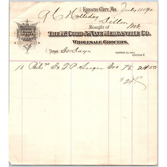 Kansas City McCord & Nave Mercantile Co. Wholesale Grocers 1890 Billhead
