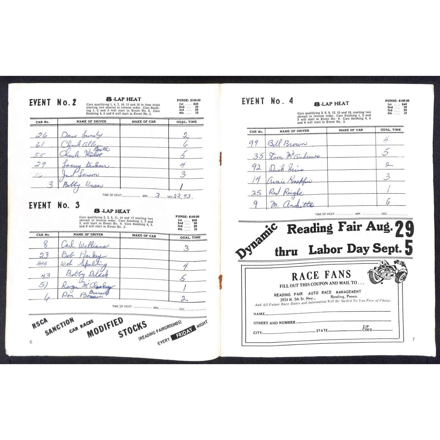 Reading Fairgrounds 1966 USAC Auto Races Program Sprint Car Mario 8pp*