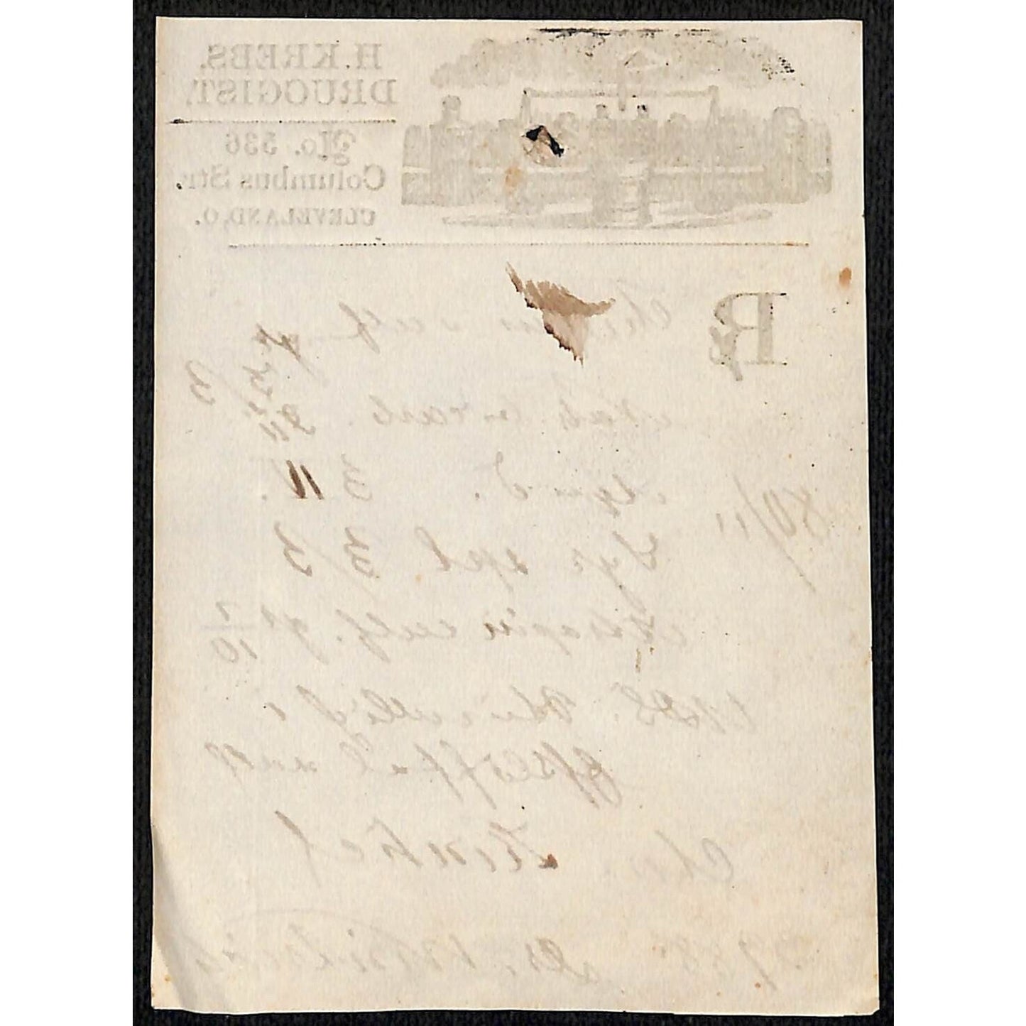 H. Krebs, Druggist Columbus St. Cleveland c1870's* Prescription #3988