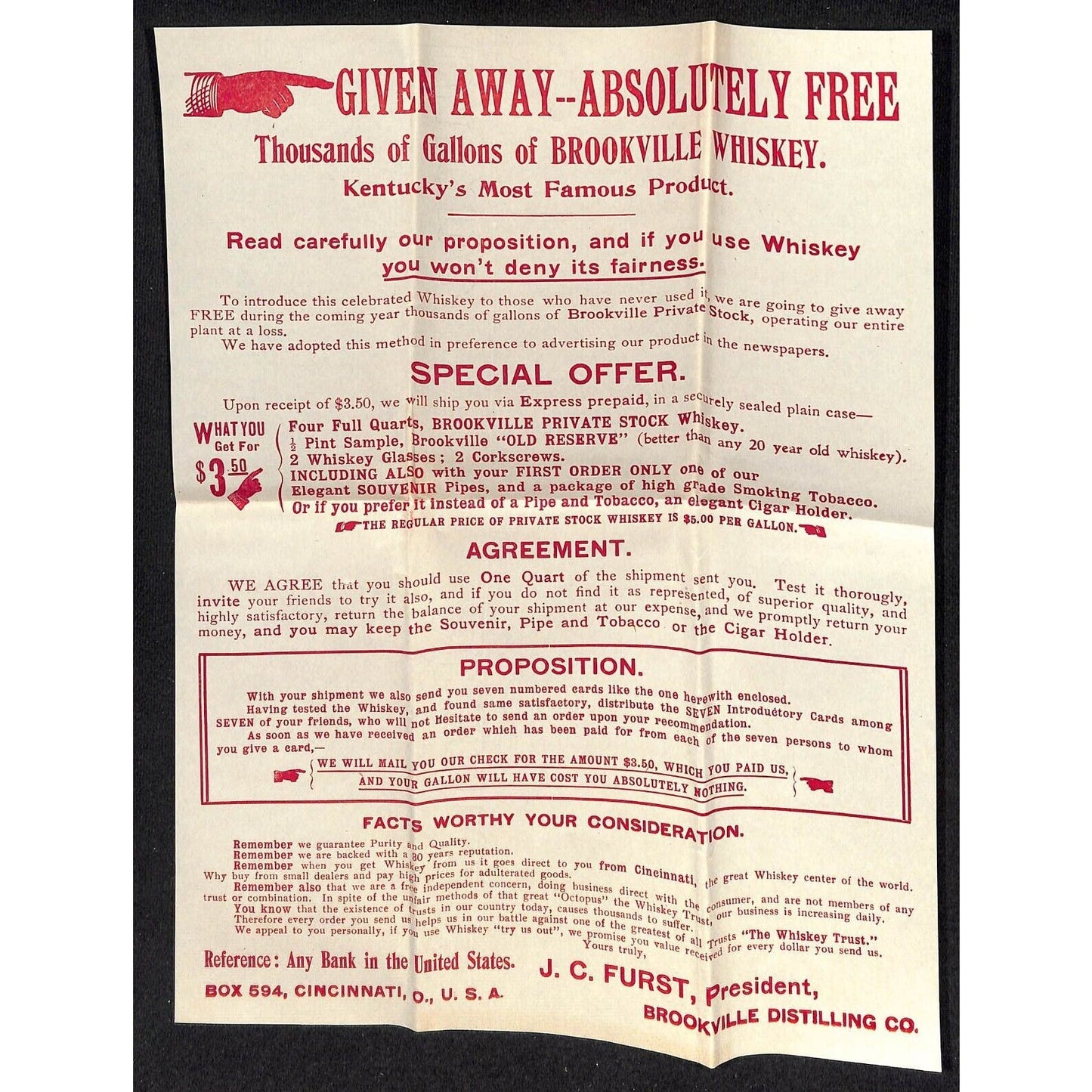 Cincinnati 1905 Brookville Distilling Letterhead & Product Sheets Knowlton*