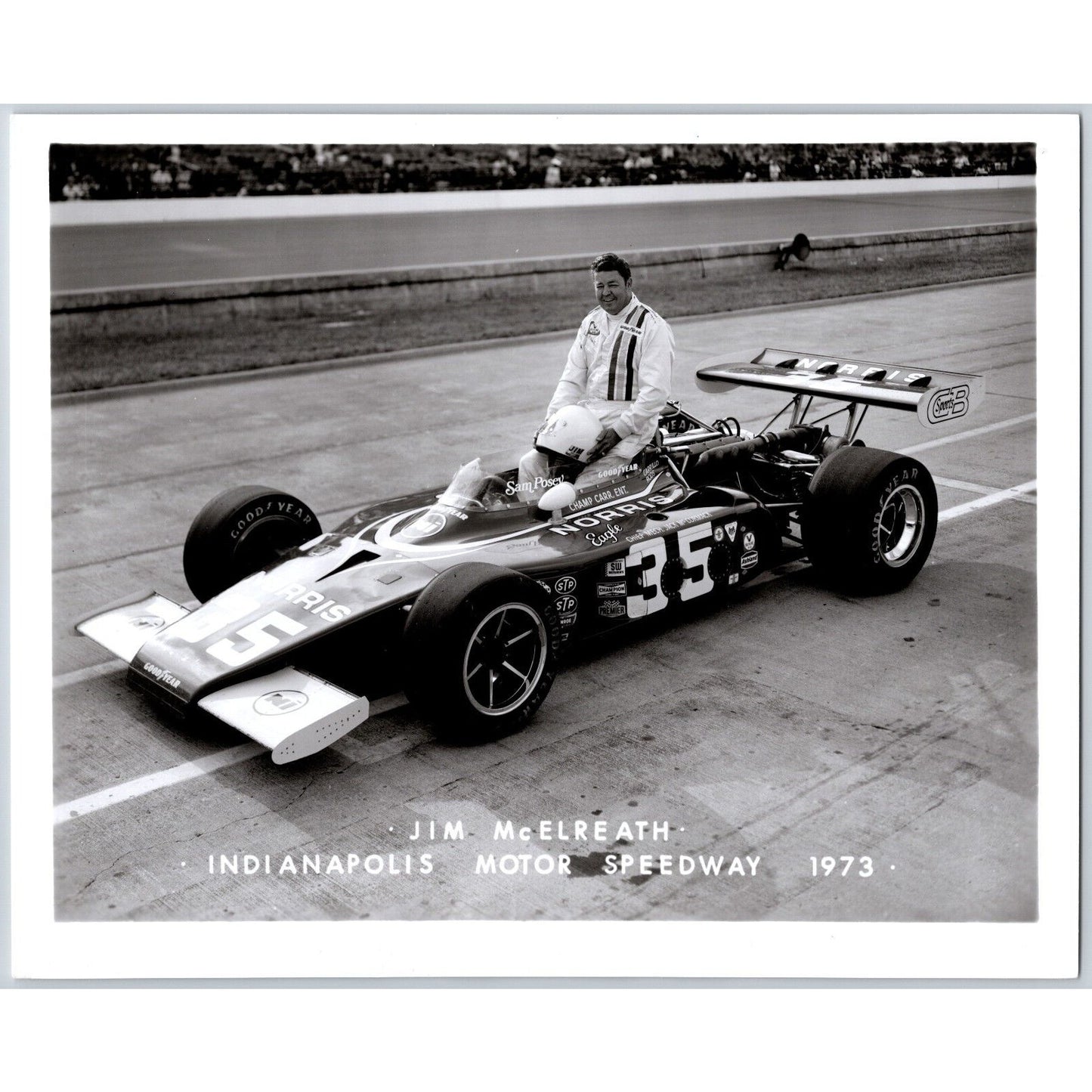 Jim McElreath #35 1973 Indianapolis Motor Speedway 8" x 10" Photo IMS Stamp VGC