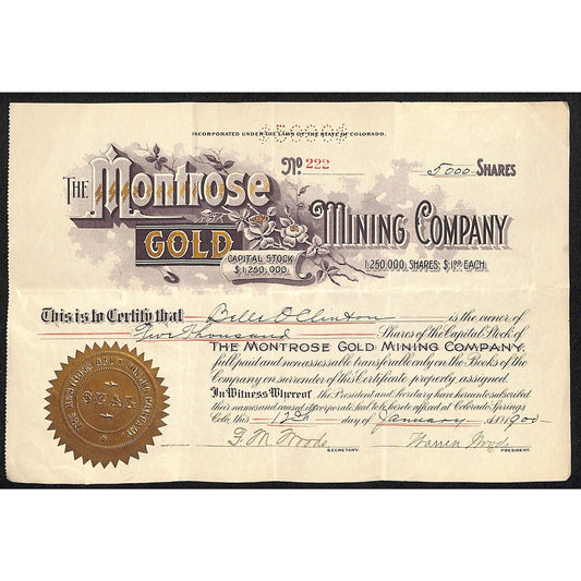 Montrose Gold Mining Co. 1900 Stock Certificate w/ Warren Woods Sig. #222