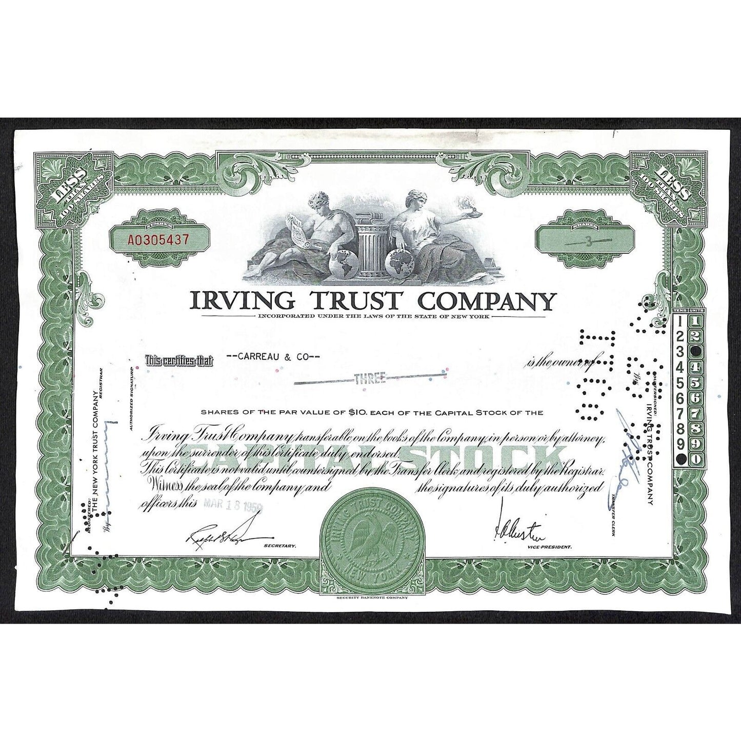 Irving Trust Company NY 1959 Stock Certificate Carreau & Co.
