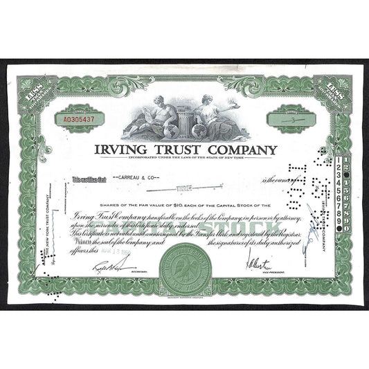 Irving Trust Company NY 1959 Stock Certificate Carreau & Co.