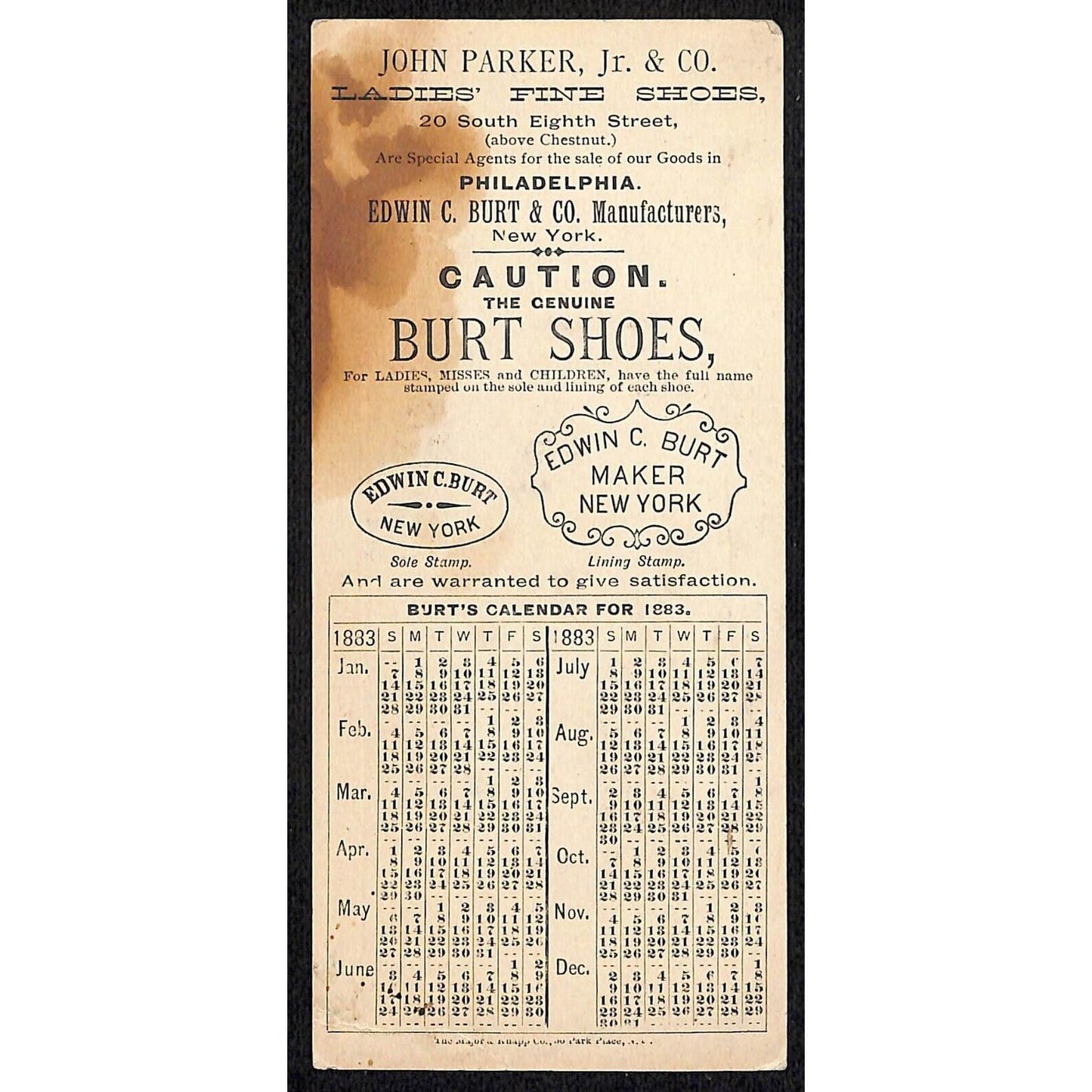 Edwin C. Burt / Burt's Shoes Victorian Trade Card w/ 1883 Calendar Bird Flowers