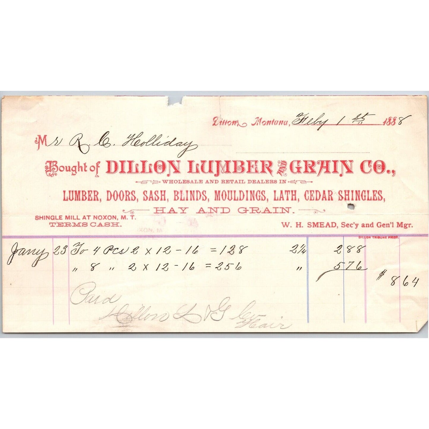 Dillon, MT Dillon Lumber & Grain Co. Cedar Shingles 1888 Billhead R.C. Halliday*
