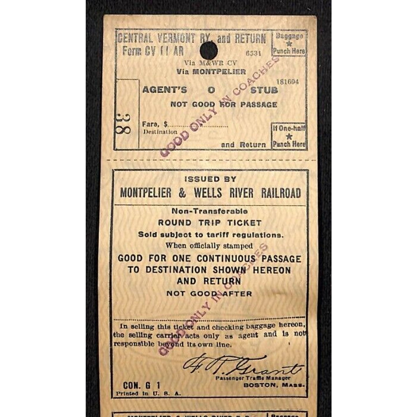 Montpelier and Wells River Railroad Unused Round Trip Ticket Scarce c1941 #38
