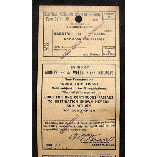 Montpelier and Wells River Railroad Unused Round Trip Ticket Scarce c1941 #38