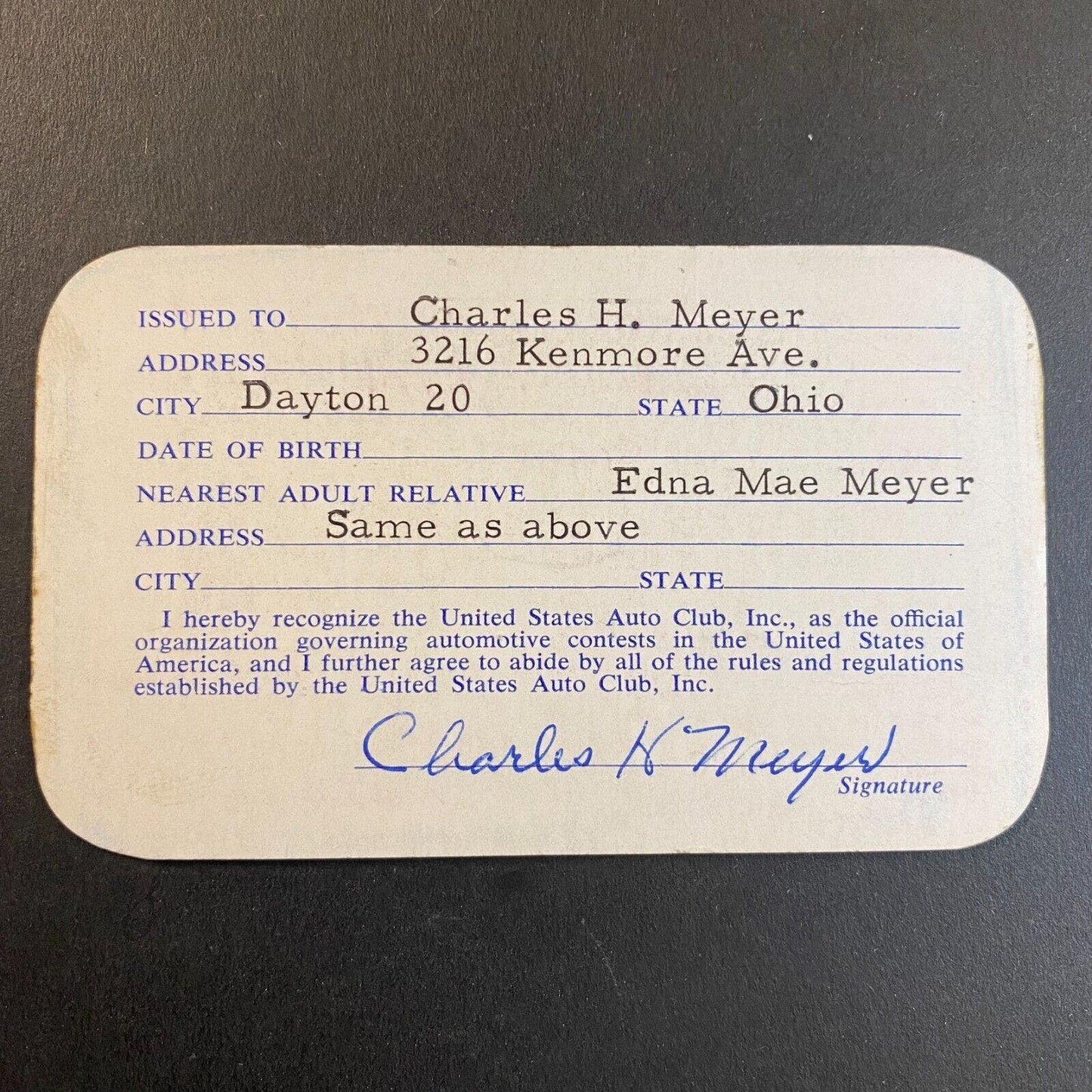 1963 USAC Chief Mechanic Membership Card "Charles Henry Meyer" VGC