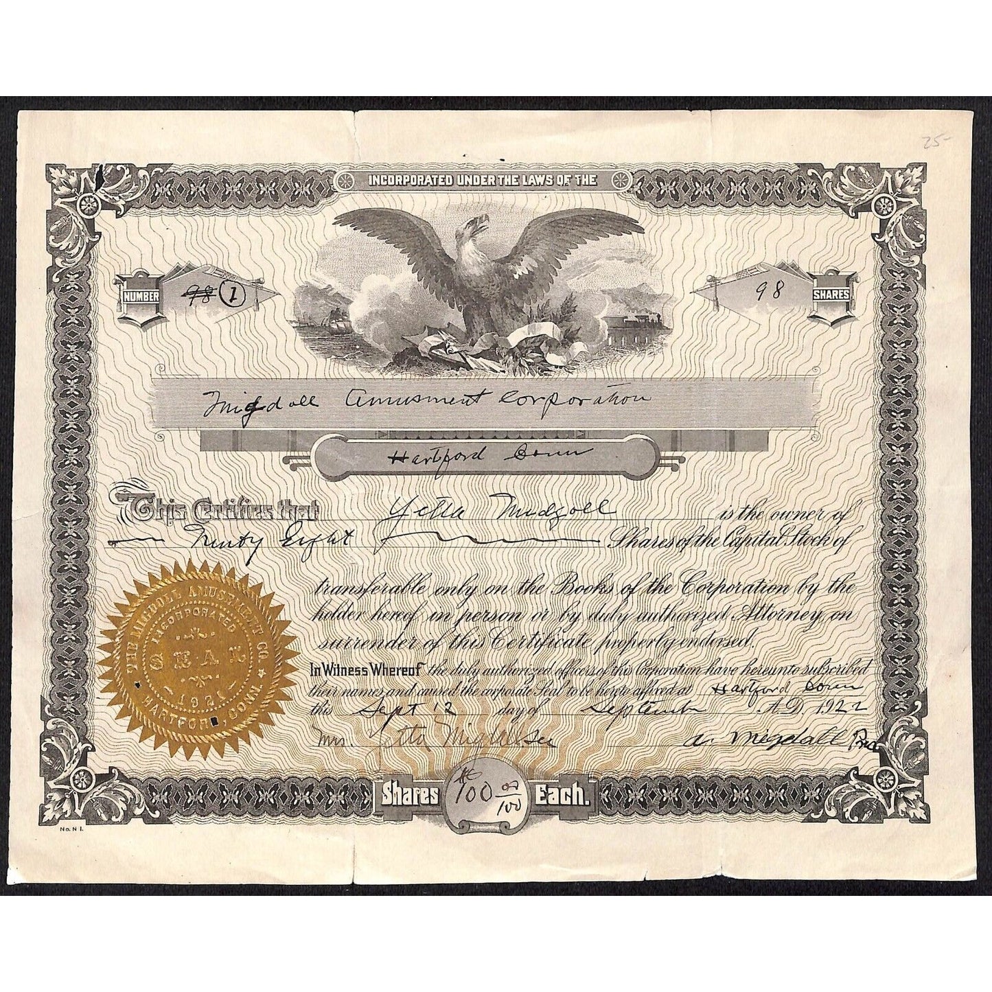 Migdoll Amusement Company Hartford, CT 1922 Stock Certificate #1 ? Scarce