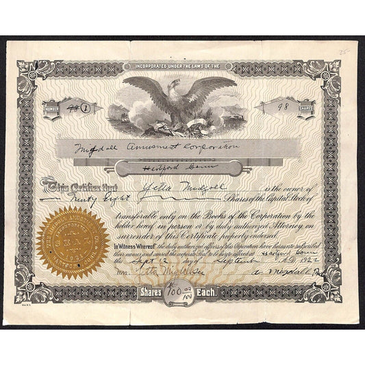 Migdoll Amusement Company Hartford, CT 1922 Stock Certificate #1 ? Scarce