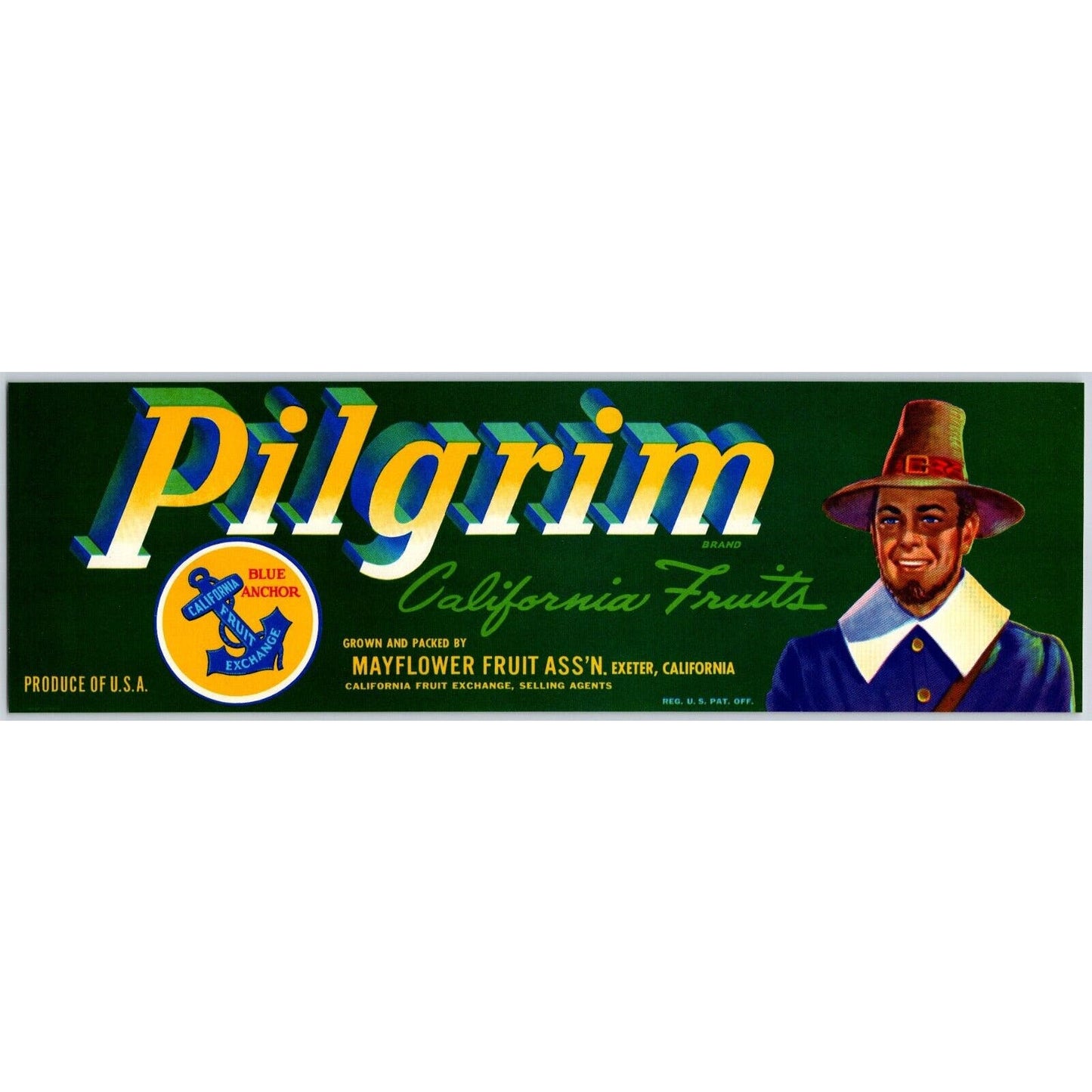 Pilgrim Paper Fruit Crate Label c1930's-40's Mayflower Blue Anchor Smiling VGC
