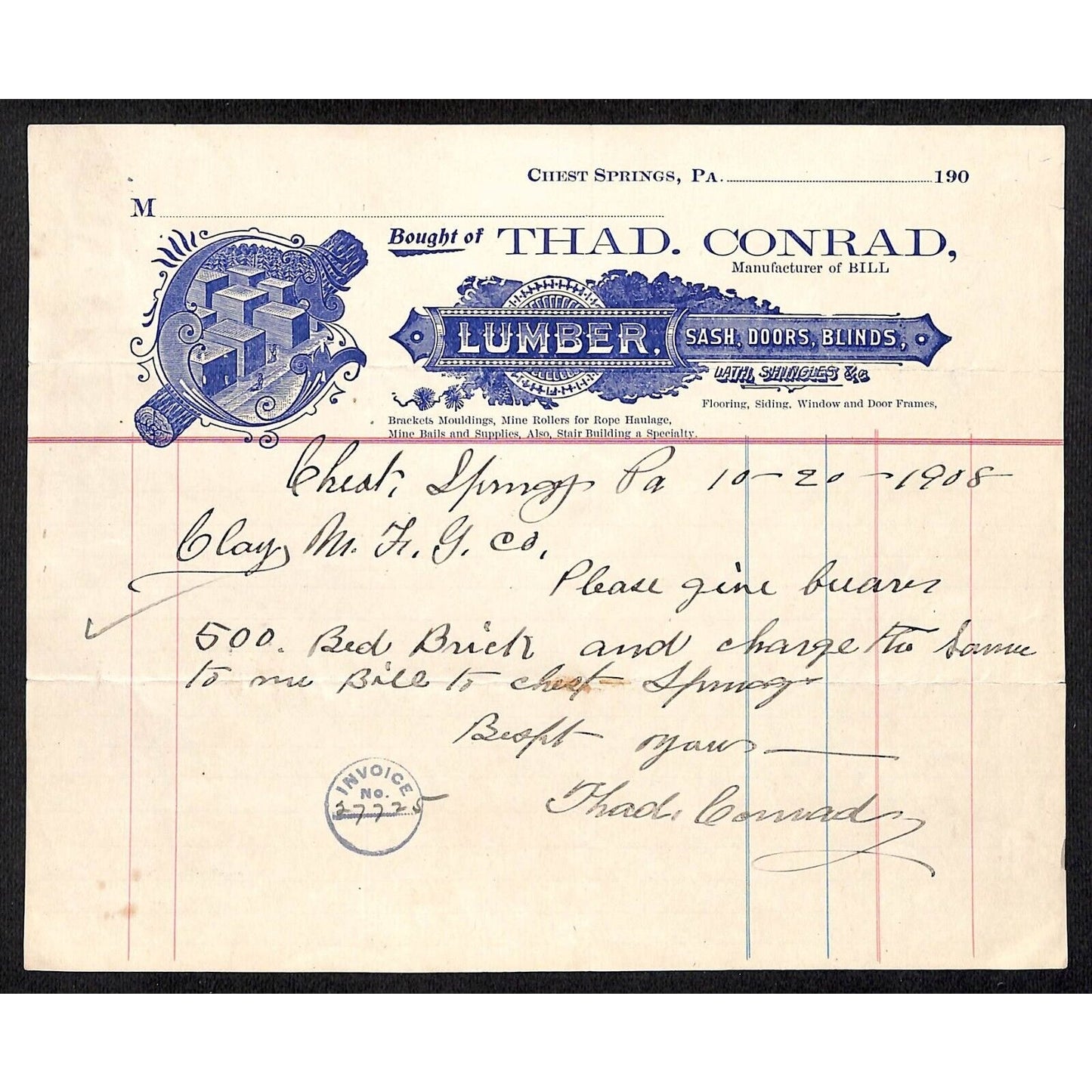 Thad Conrad Lumber Chest Springs, PA 1908 Billhead Vignette VGC Scarce
