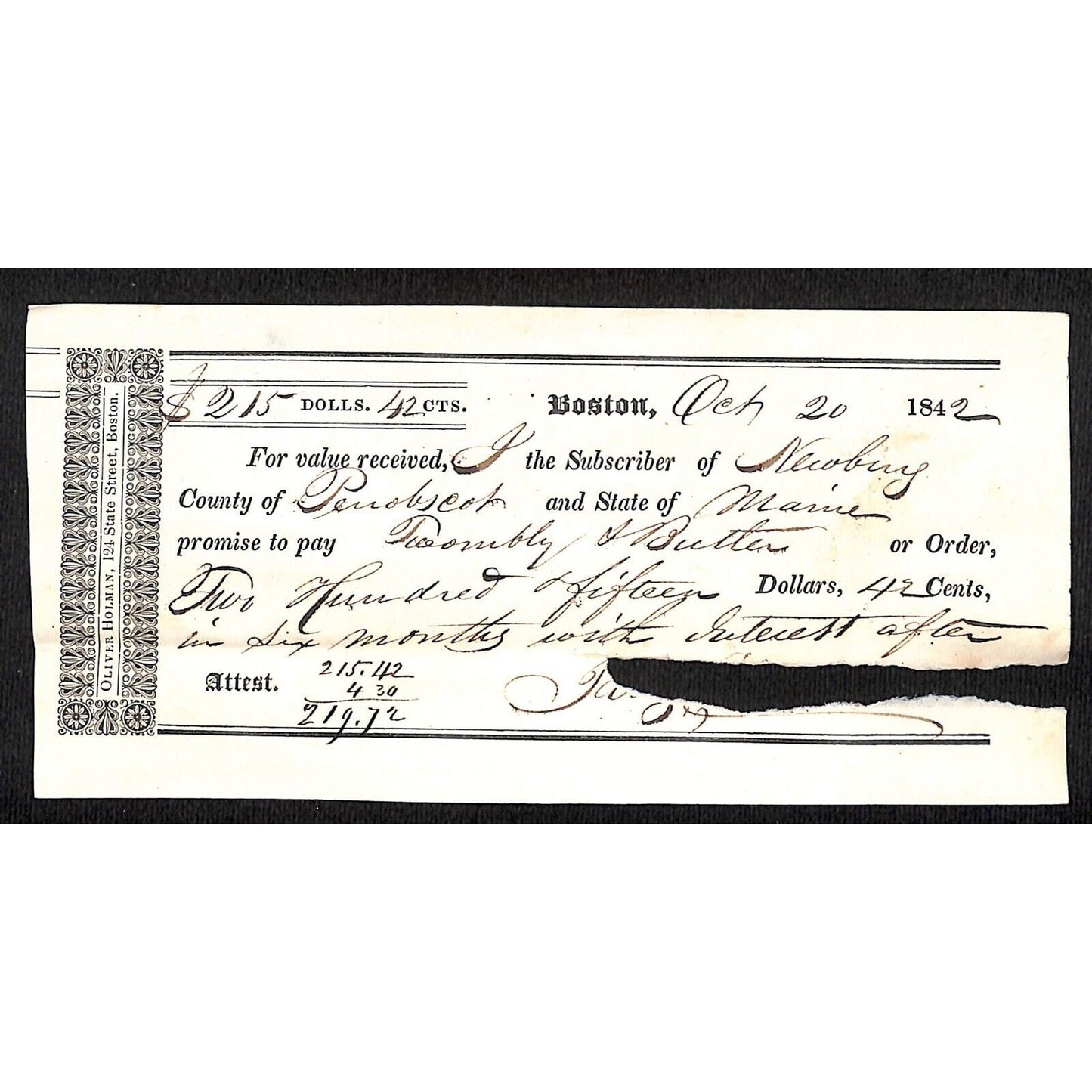 1842 Jabez Knowlton* Newburgh, ME "Twombly & Butler" Boston Promissory Note
