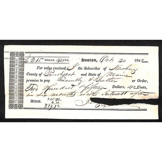 1842 Jabez Knowlton* Newburgh, ME "Twombly & Butler" Boston Promissory Note