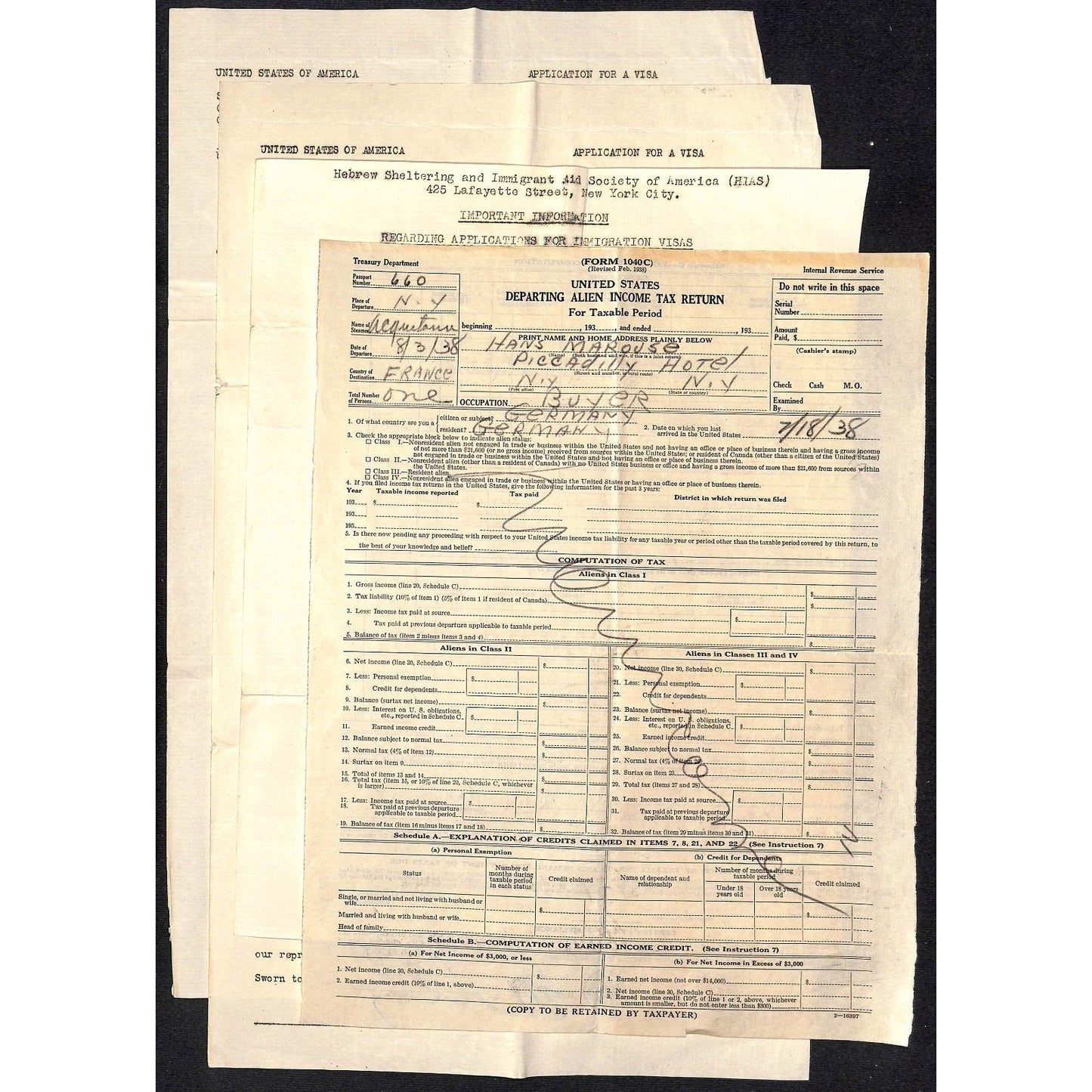 1938 U.S. "Departing Alien Income Tax Return" + 4 other Visa / Immigration pcs.