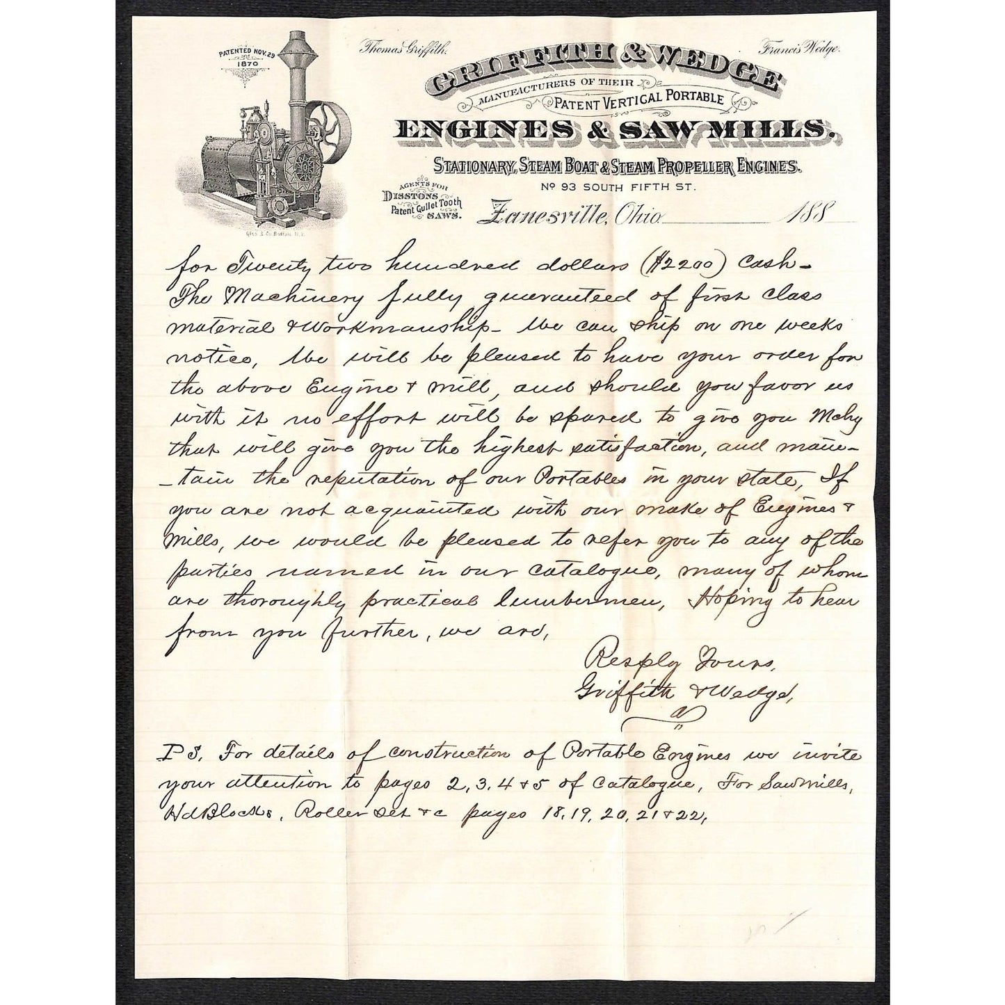 Griffith & Wedge Janesville, OH Engines & Saw Mills 2pp. 1883 ALS Letterhead to:
