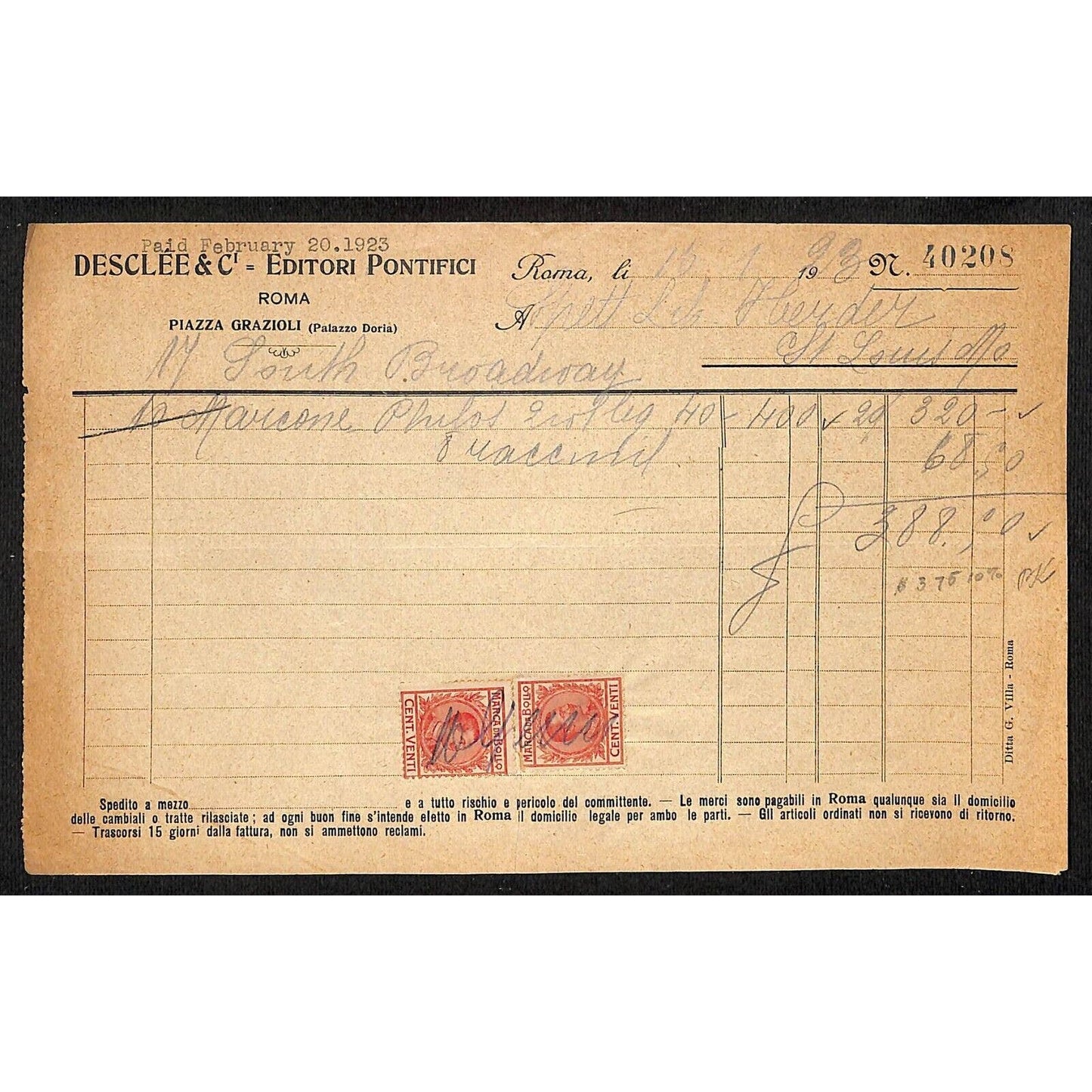 Desclée & Compagnie Rome Pontifical Publishers 1/16 1923 Billhead Tax Stamps