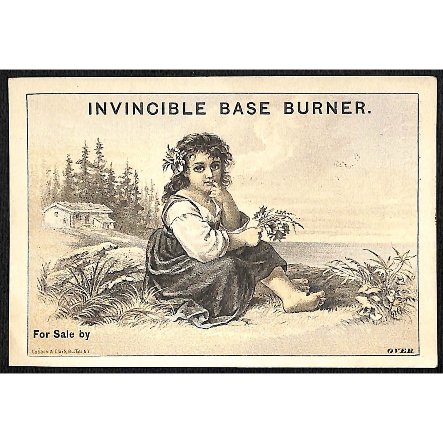 Invincible Base Burner Victorian Trade Card Barefoot Girl Sits Near Shore