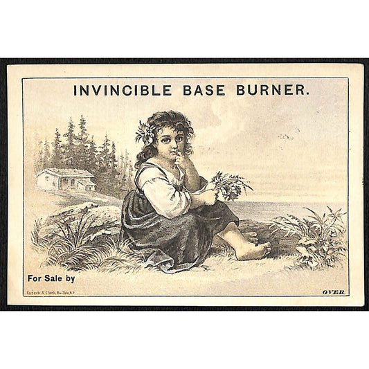 Invincible Base Burner Victorian Trade Card Barefoot Girl Sits Near Shore