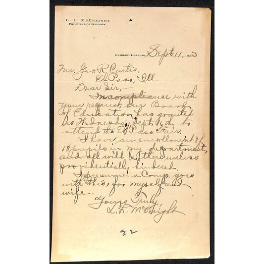 Gridley, IL 1903 L.L. McCreight Principal of Schools ALS re: El Paso Fair