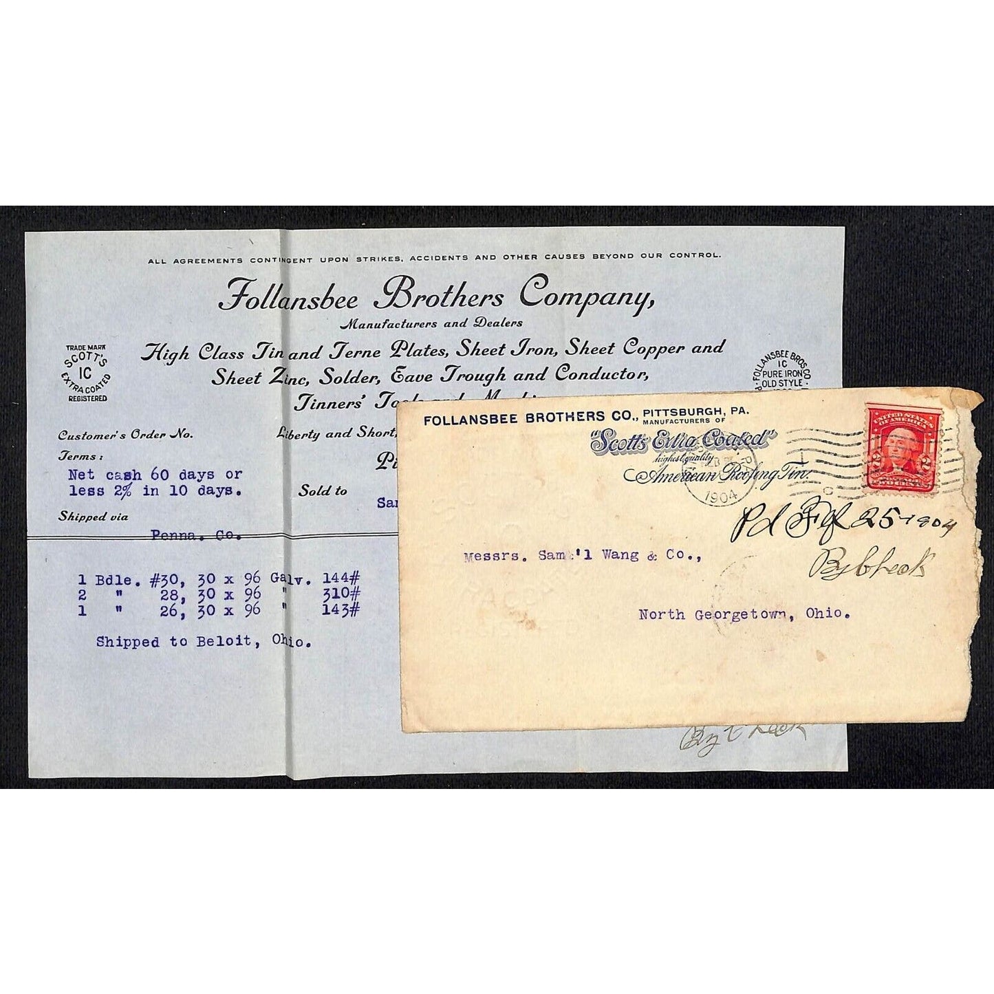 Follansbee Brothers Pitts. Samuel Wang Co.* N. Georgetown 1904 Billhead & Cover