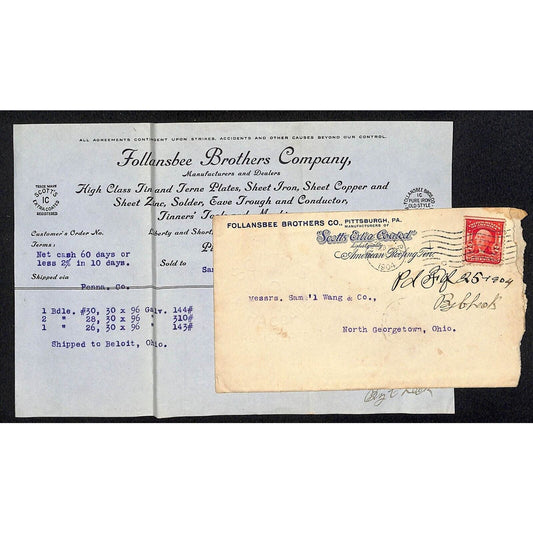 Follansbee Brothers Pitts. Samuel Wang Co.* N. Georgetown 1904 Billhead & Cover