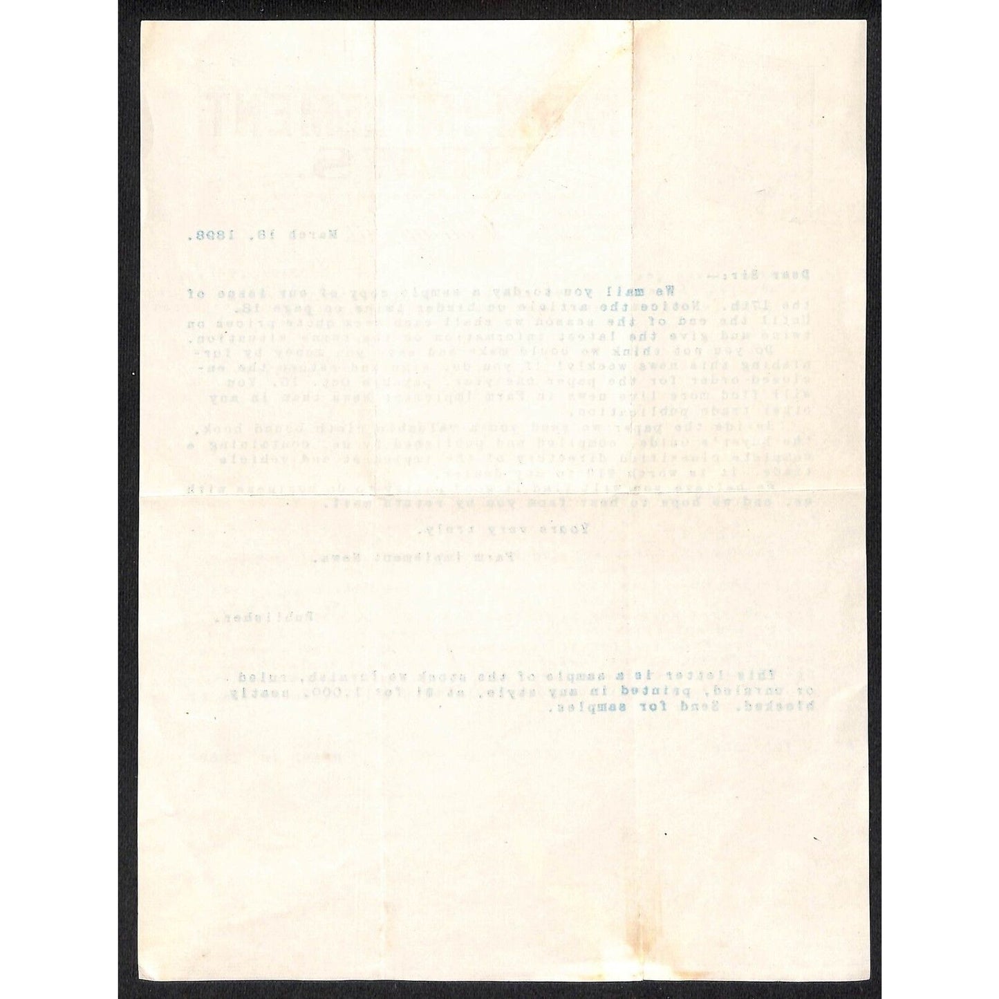 Farm Implement News Chicago 1898 Letterhead re: Sample Copy