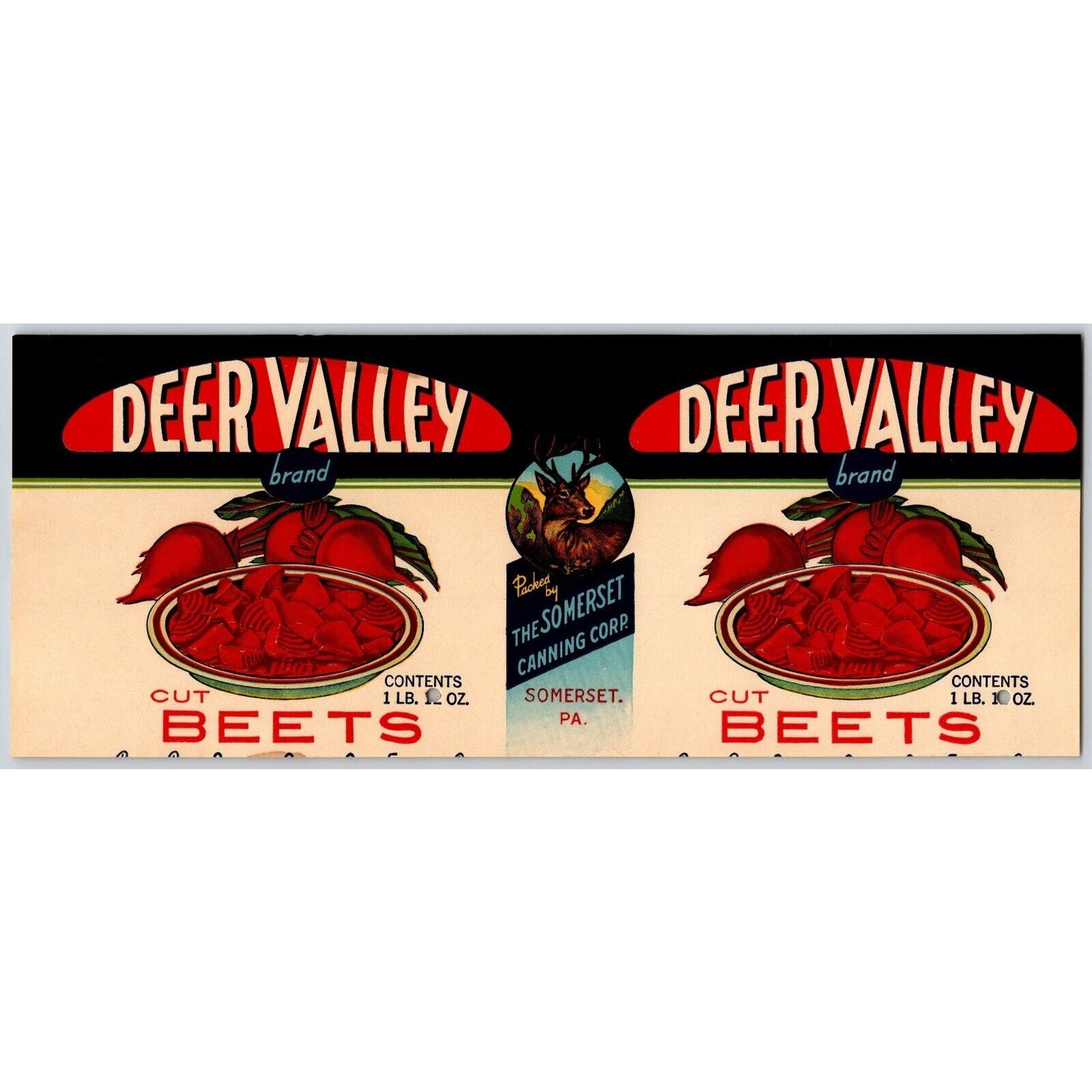 Deer Valley Cut Beets Paper Can Label Somerset, PA Canning c1942 VGC*