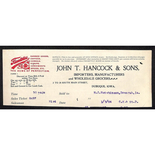 John T Hancock & Sons Dubuque Grocers Hutchinson Decorah* 1/5 1904 Cut Billhead