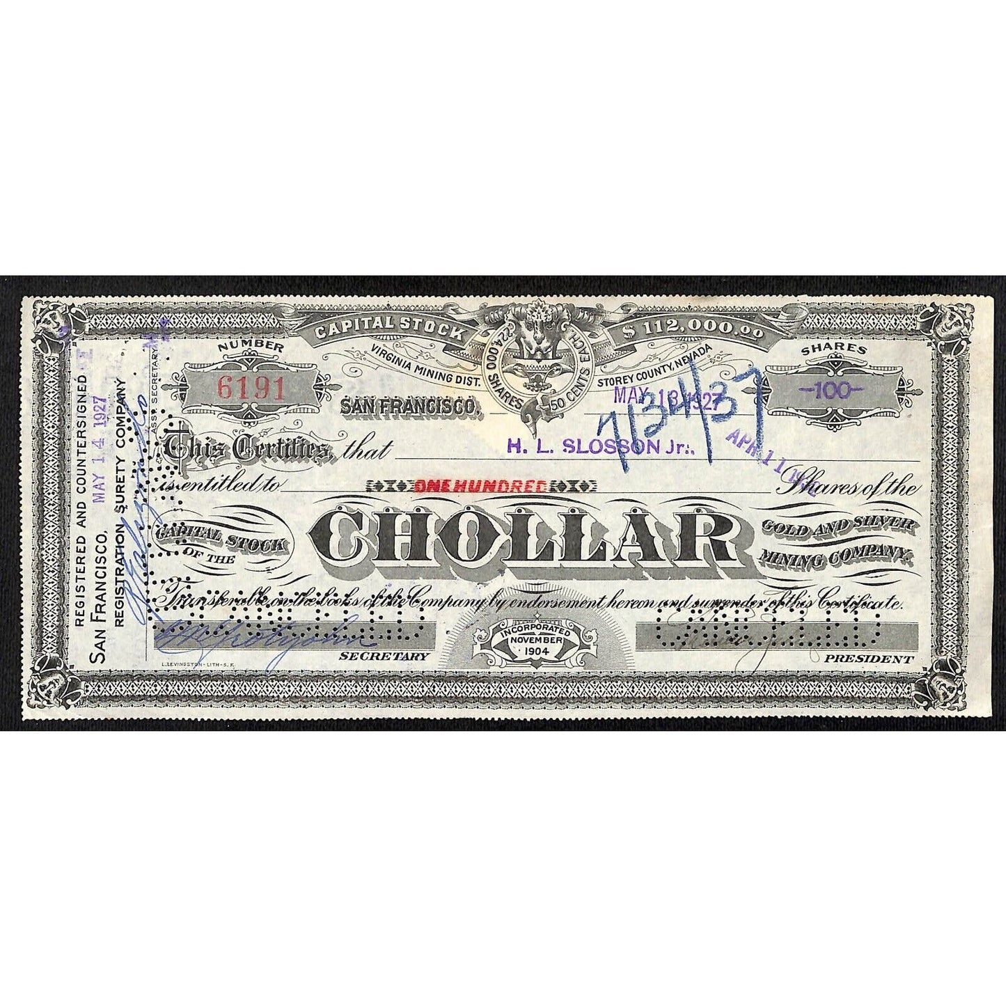 Chollar Gold Silver Mining Company San Francisco 1927 Stock Certificate #6191