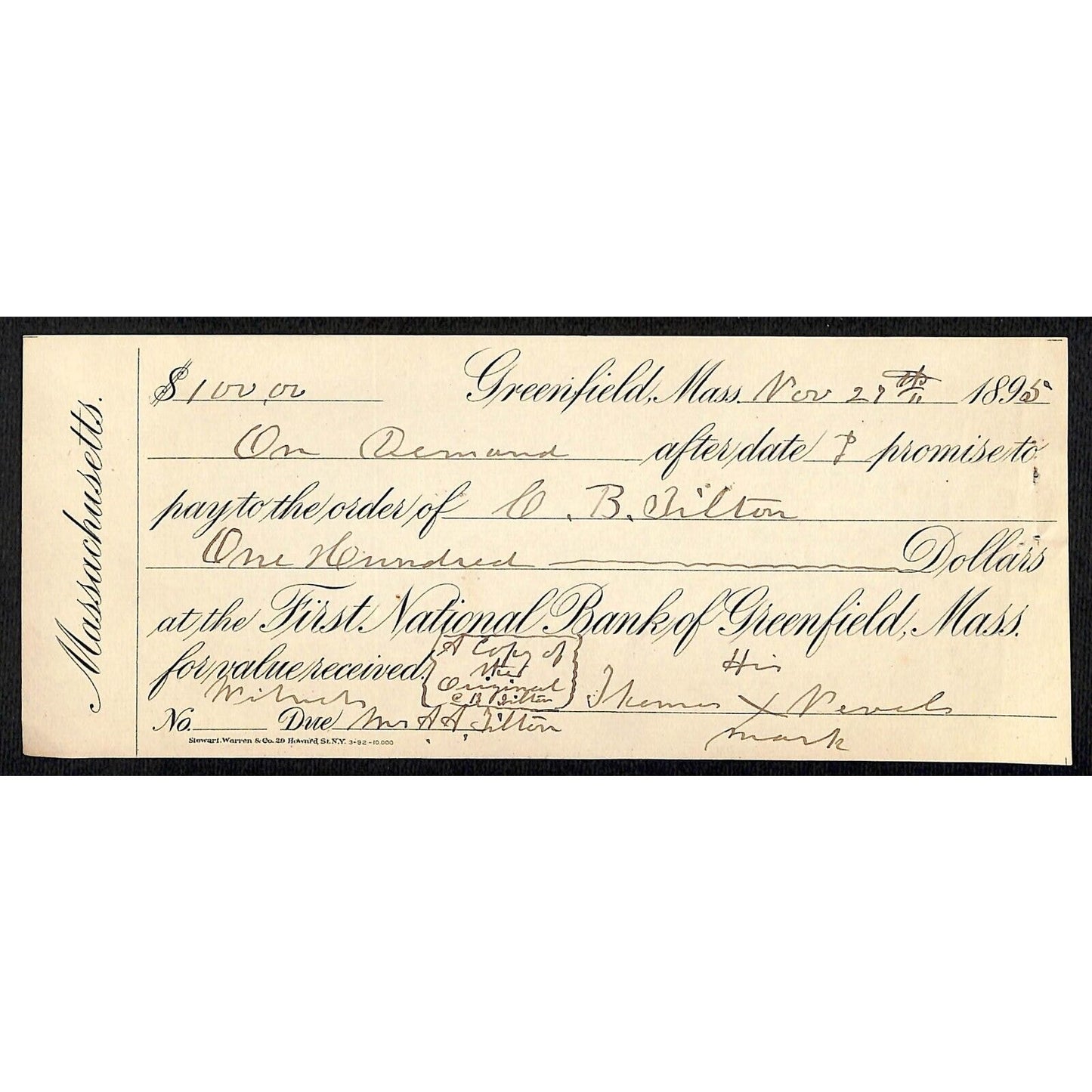 1895 First National Bank of Greenfield MASS C.B. Chilton Promissory Note