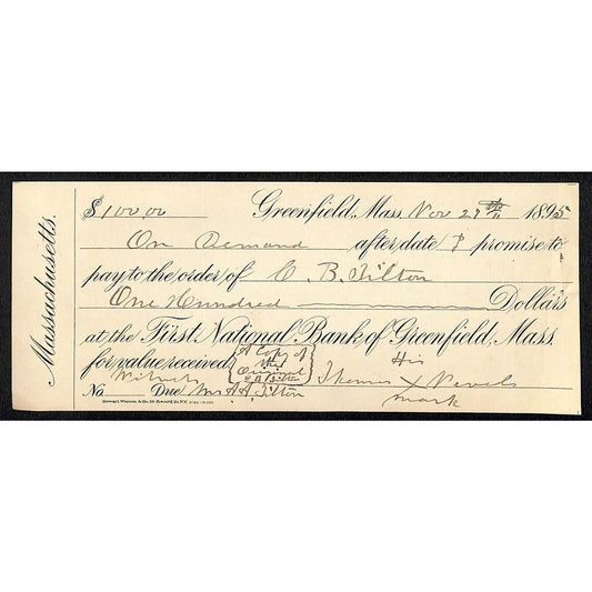1895 First National Bank of Greenfield MASS C.B. Chilton Promissory Note