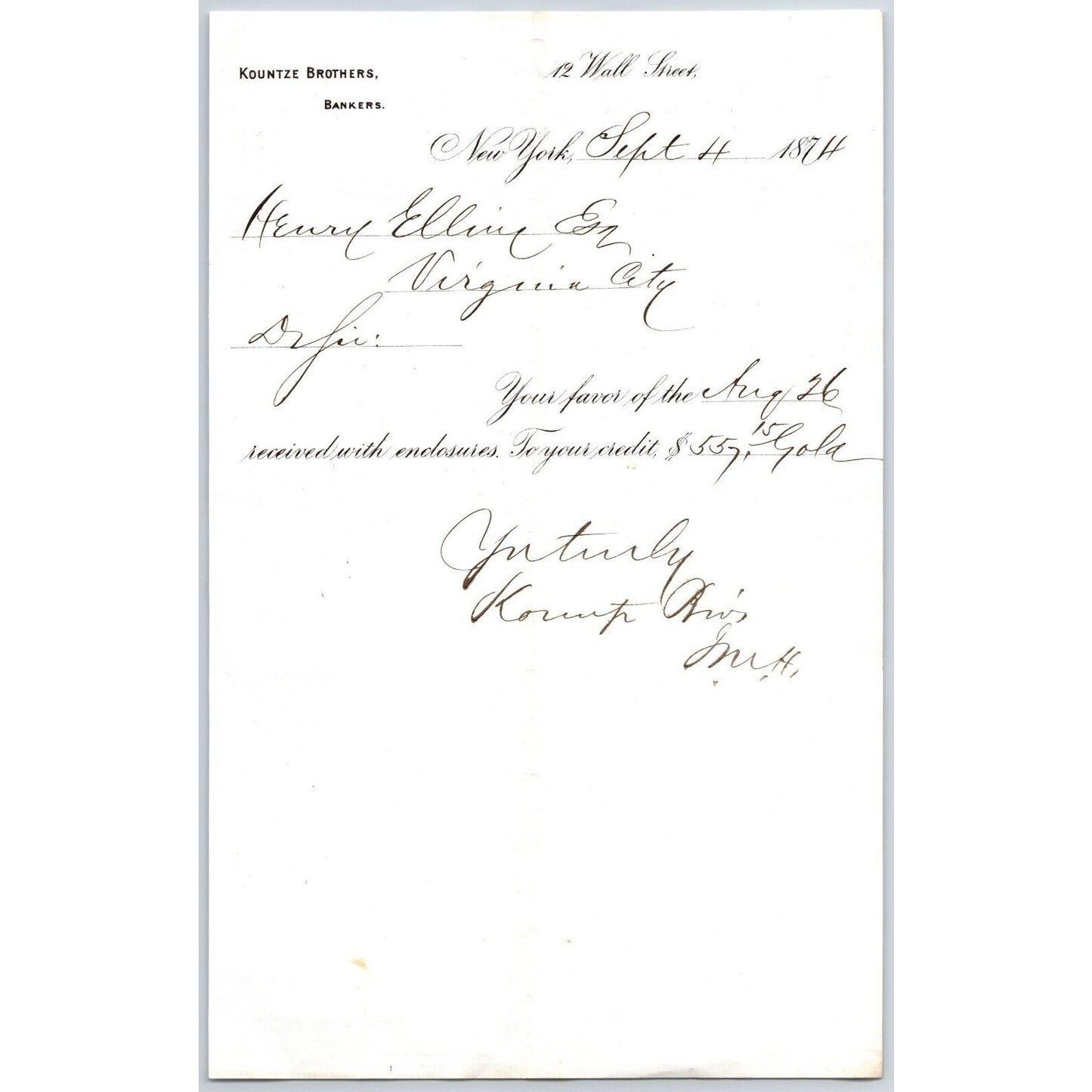 Kountze Brothers Bankers 12 Wall St NYC 1874 Credit Confirmation Henry Elling*