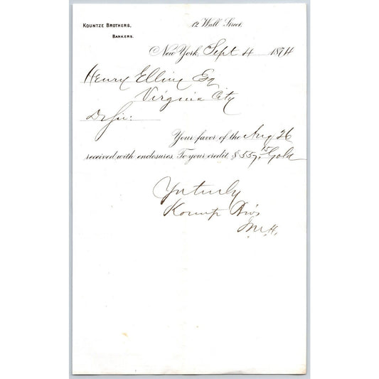 Kountze Brothers Bankers 12 Wall St NYC 1874 Credit Confirmation Henry Elling*