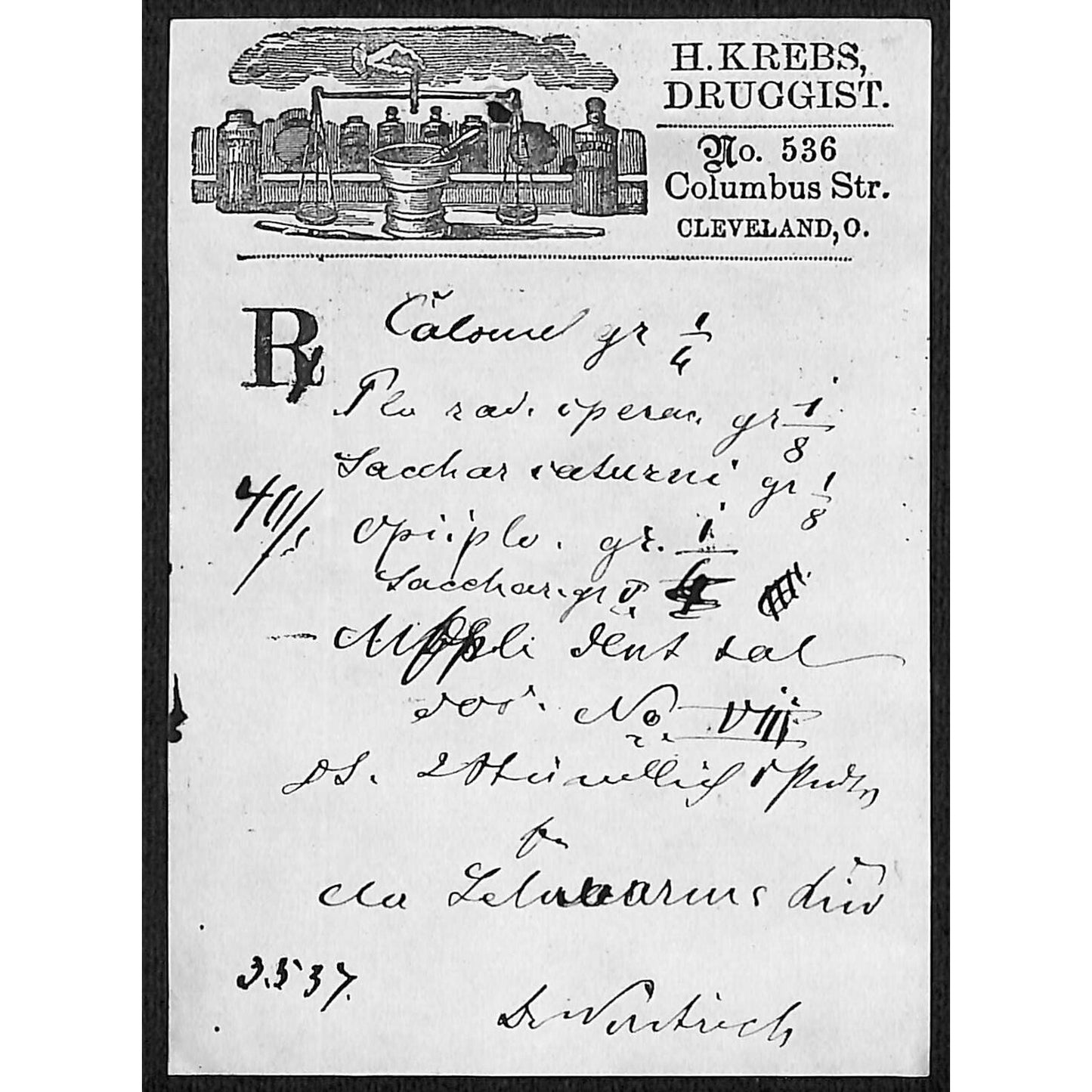 H. Krebs, Druggist Columbus St. Cleveland c1870's* Prescription #3537