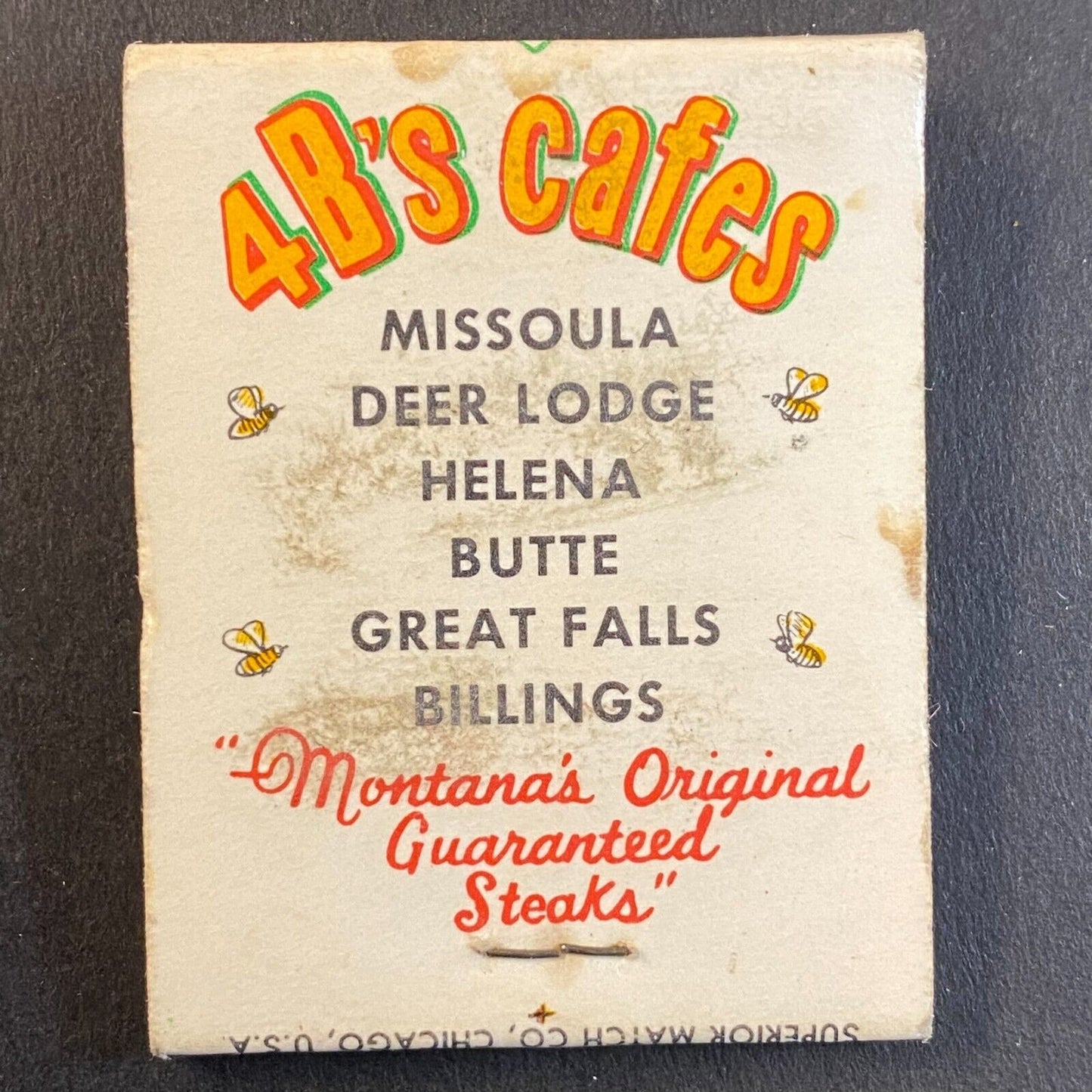 4 B's Cafe "Our Steaks are Honey's" Montana Locations Full Matchbook c1960's Bee