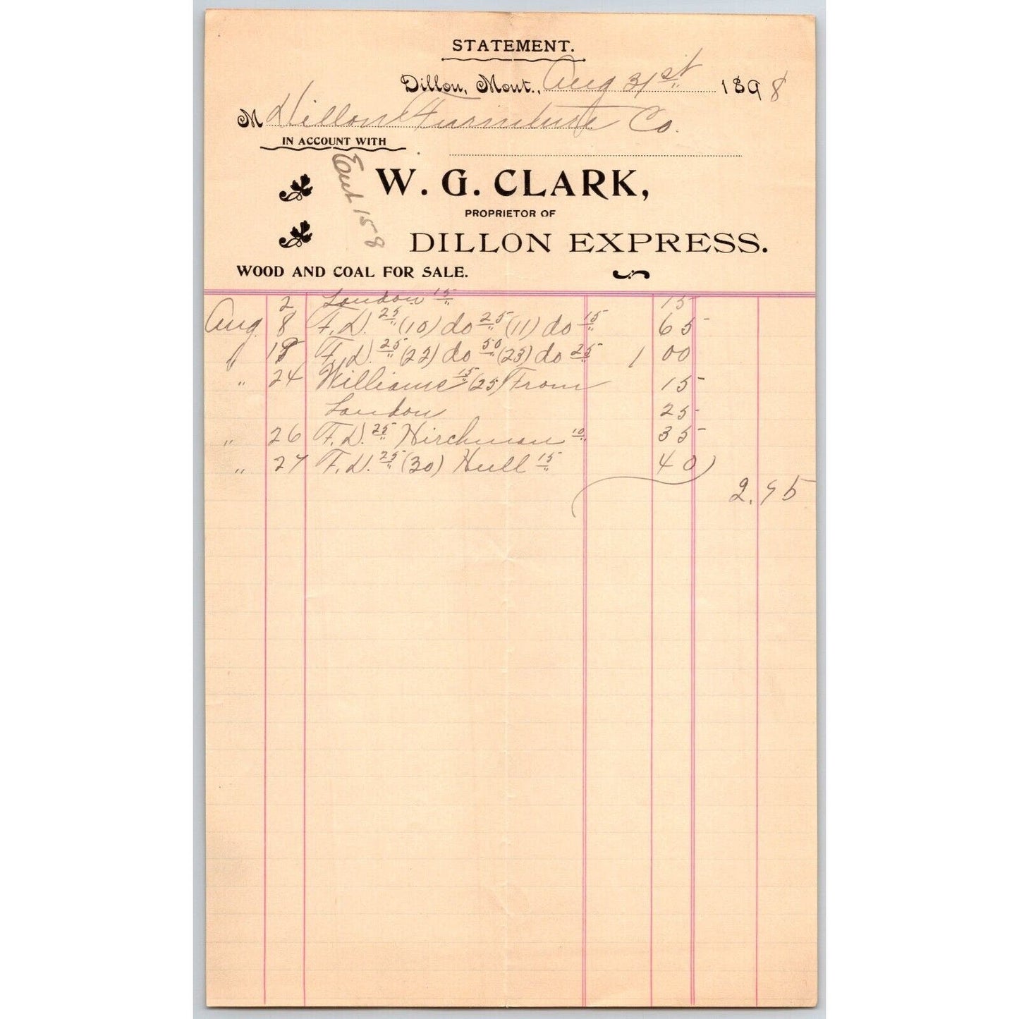 Dillon, MT W.G. Clark Dillon Express Expressman Coal & Wood Sept 1898 Billhead