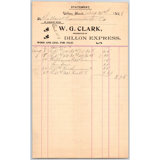 Dillon, MT W.G. Clark Dillon Express Expressman Coal & Wood Sept 1898 Billhead