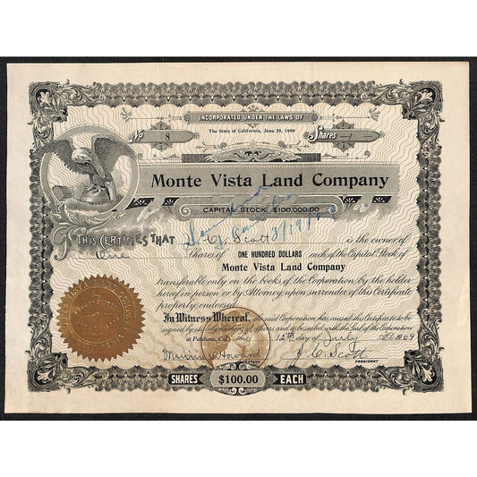 Monte Vista Land Company 1909 Stock Certificate #8 to J.C. Scott (President)