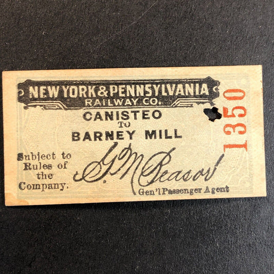 New York & Pennsylvania Railroad July 18 1917 Barney Mill Ticket #1350